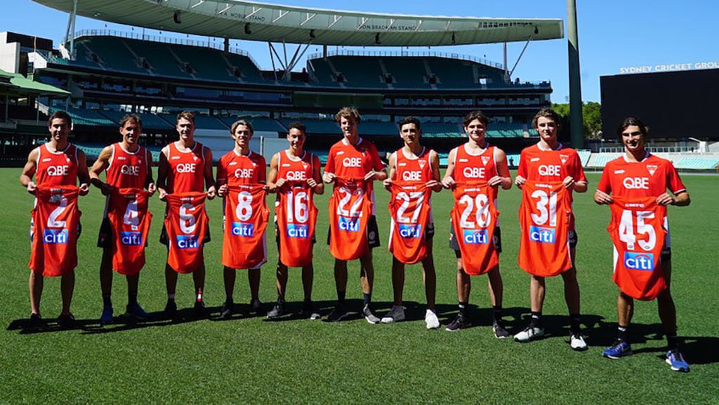 swans041218.jpg The new Swans with their 2019 guernsey numbers. Picture: sydneyswans.com.au - AFL,Sydney Swans,Daniel Menzel,Alex Johnson